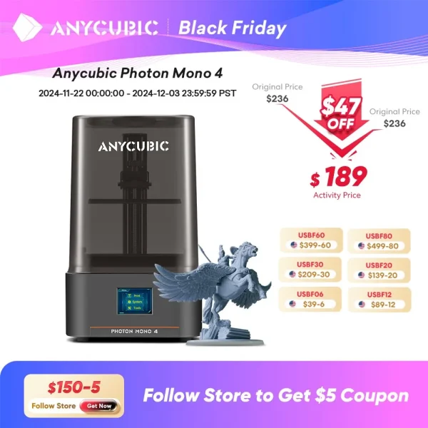 ANYCUBIC Photon Mono 4 10K+ 7 Inch high-definition screen 3D Printer High Speed UV Resin 3D Printer Printing Size 153×87×165mm